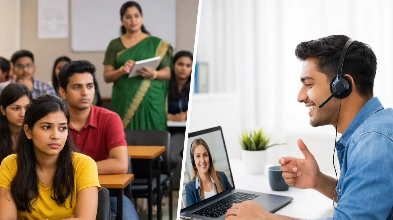 1:1 english speaking course vs group classes comparison with student learning online and offline