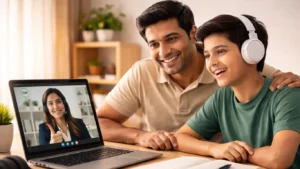 parent and child happy during online spoken english course booking demo