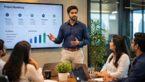 confident IT professional speaking in meeting