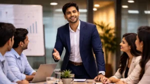 Confident Indian professional leading meeting with strong English communication skills