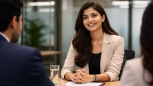 Confident Indian candidate speaking fluent English in job interview