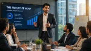 confident professional leading meeting with fluent English