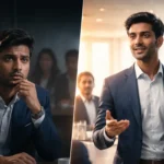 Indian professional struggling to speak in meeting vs confident English speaker transformation