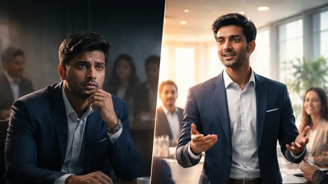 Indian professional struggling to speak in meeting vs confident English speaker transformation