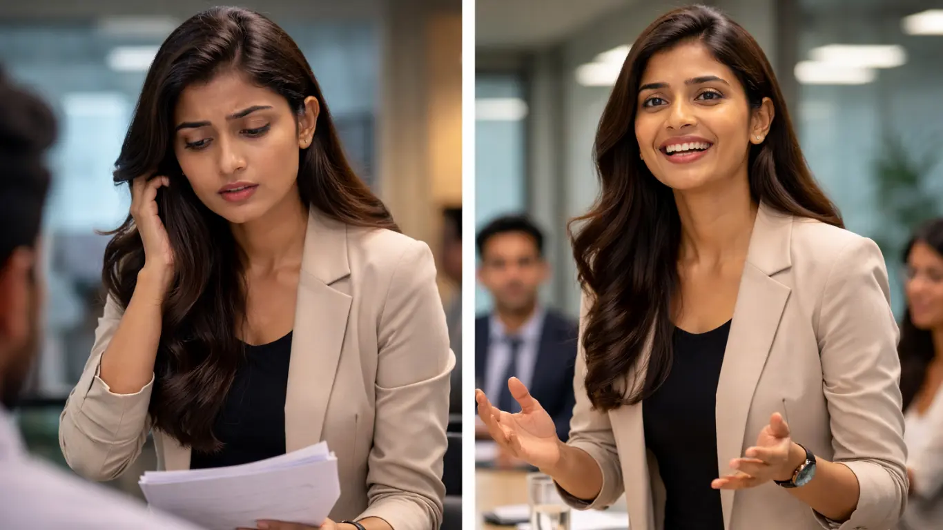 Before and after transformation of Indian adult gaining confidence in English speaking