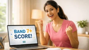 wide banner of girl practicing English speaking confidently in mirror with morning light and study setup