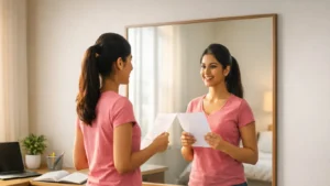 girl practicing IELTS speaking in front of mirror with confidence and positive mindset