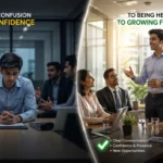 Indian professional struggling vs confidently speaking English in office meeting