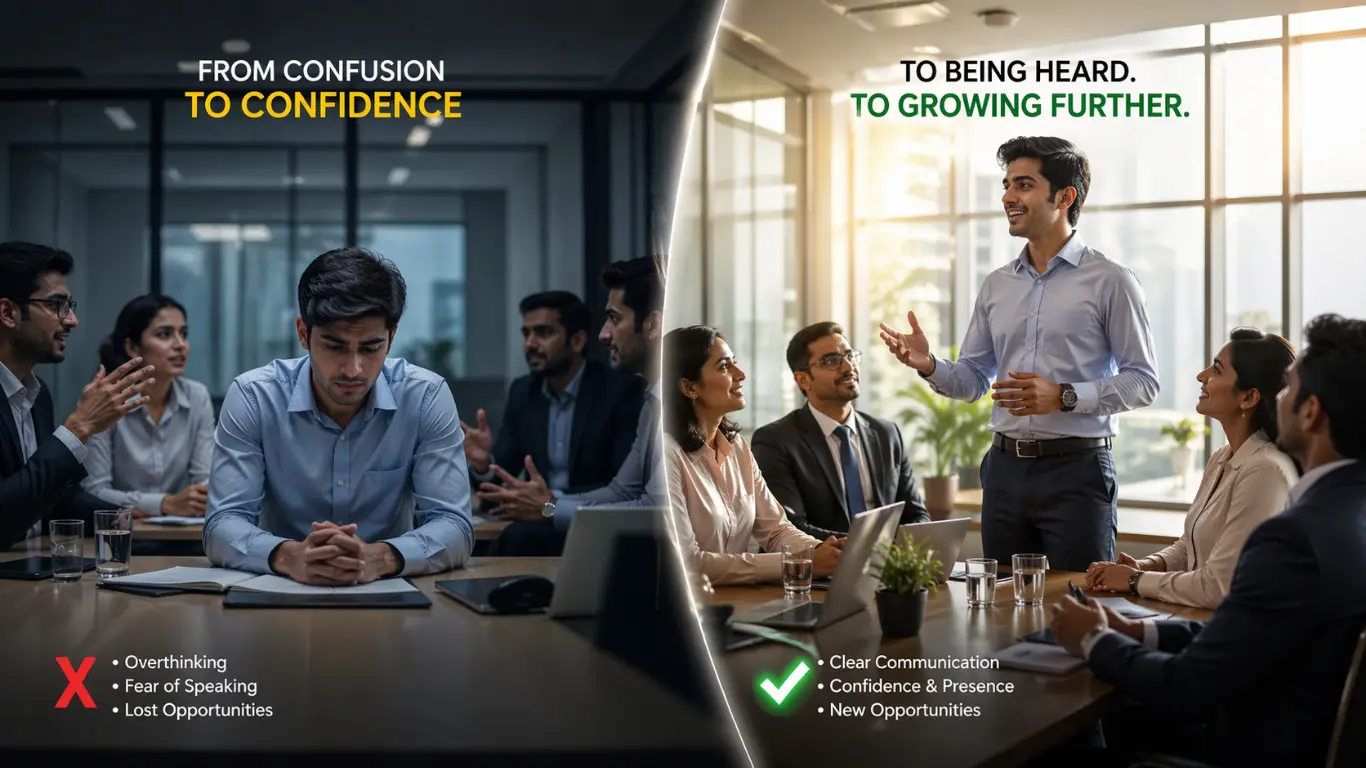 Indian professional struggling vs confidently speaking English in office meeting