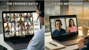 A comparison showing the chaos of a crowded English batch versus the focused, private 1:1 mentorship provided by Spoken Mentor with a friendly female mentor in a pink kurti.