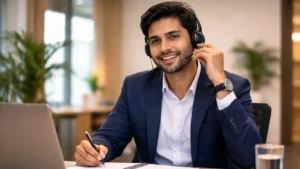 Indian professional confidently handling office call in English