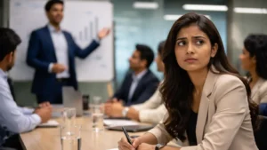 Indian professional feeling nervous and silent in office meeting while others speak confidently