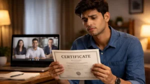 Spoken Mentor concept showing certificate without real English speaking confidence