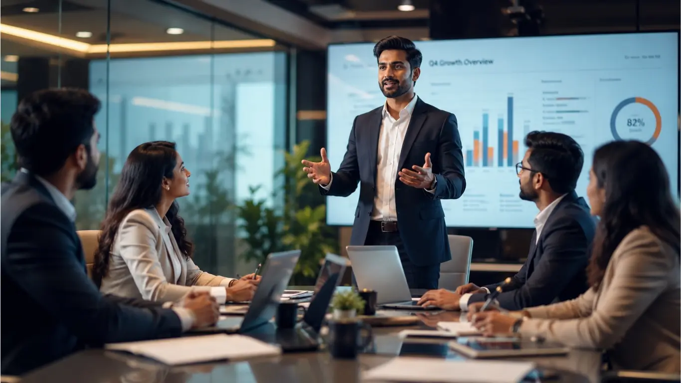 Professional Indian employee confidently speaking during a corporate meeting after improving English communication skills