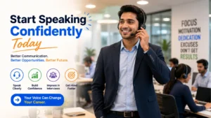 confident call center professional speaking fluently 