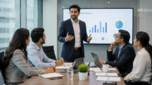 Professional employee presenting confidently during office meeting