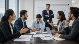 Employee struggling in office meeting while others communicate confidently in English