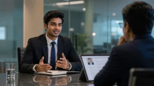 Young Indian professional confidently answering questions in job interview