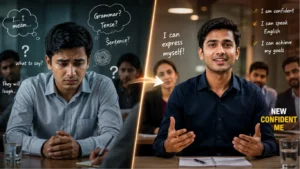 Indian learner confidently speaking English after overcoming fear and hesitation during professional conversation