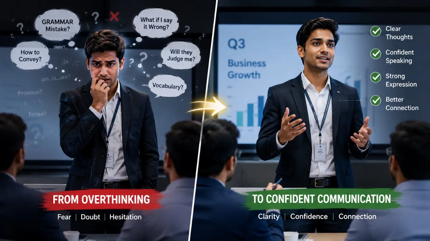 English me confidently baat karta hua Indian professional during office conversation