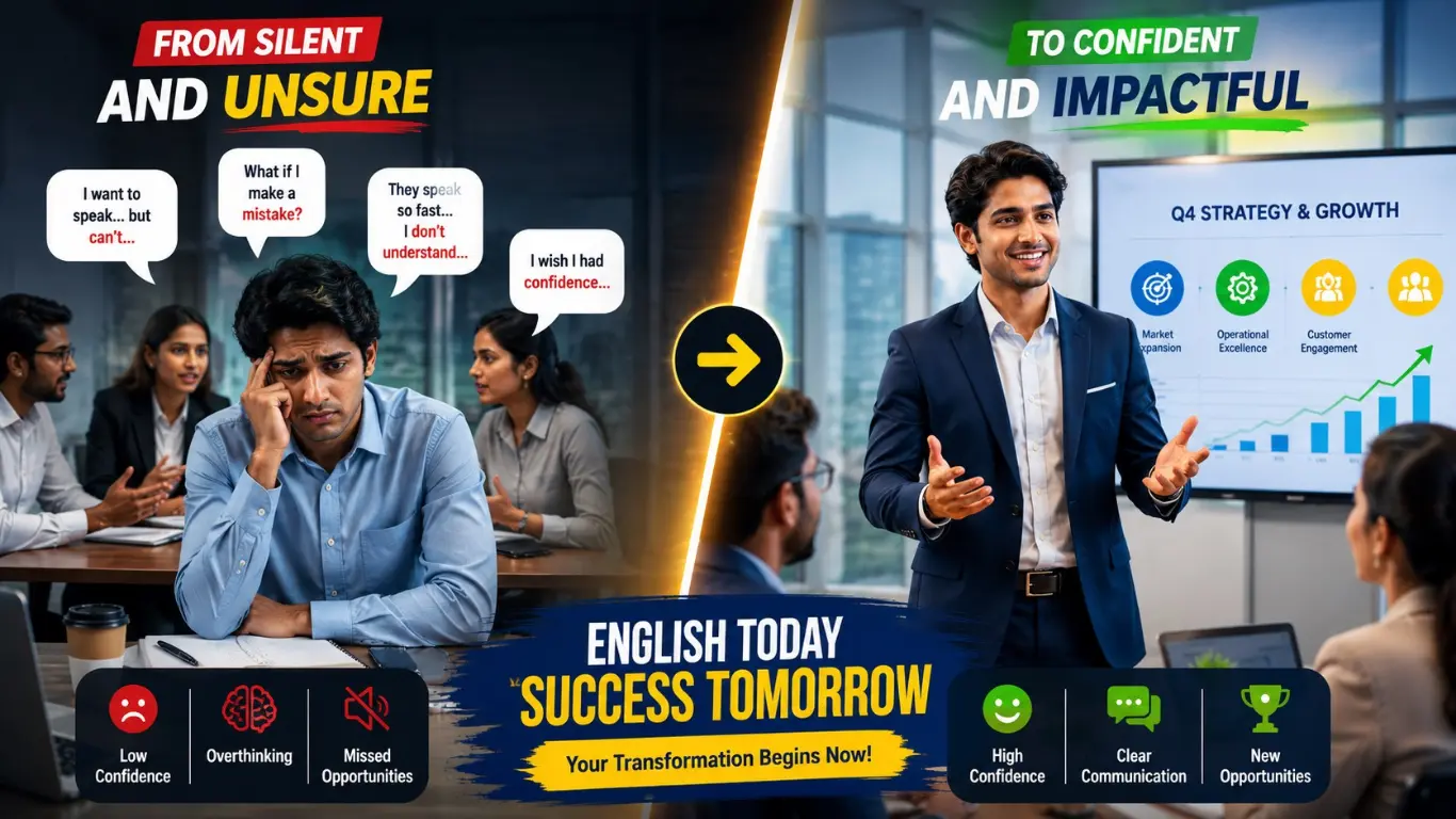 Indian office professional struggling to speak English confidently during meeting while understanding everything internally