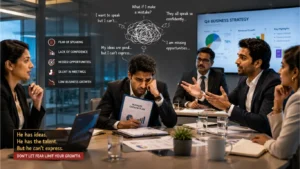 Indian entrepreneur struggling with communication confidence during a business meeting