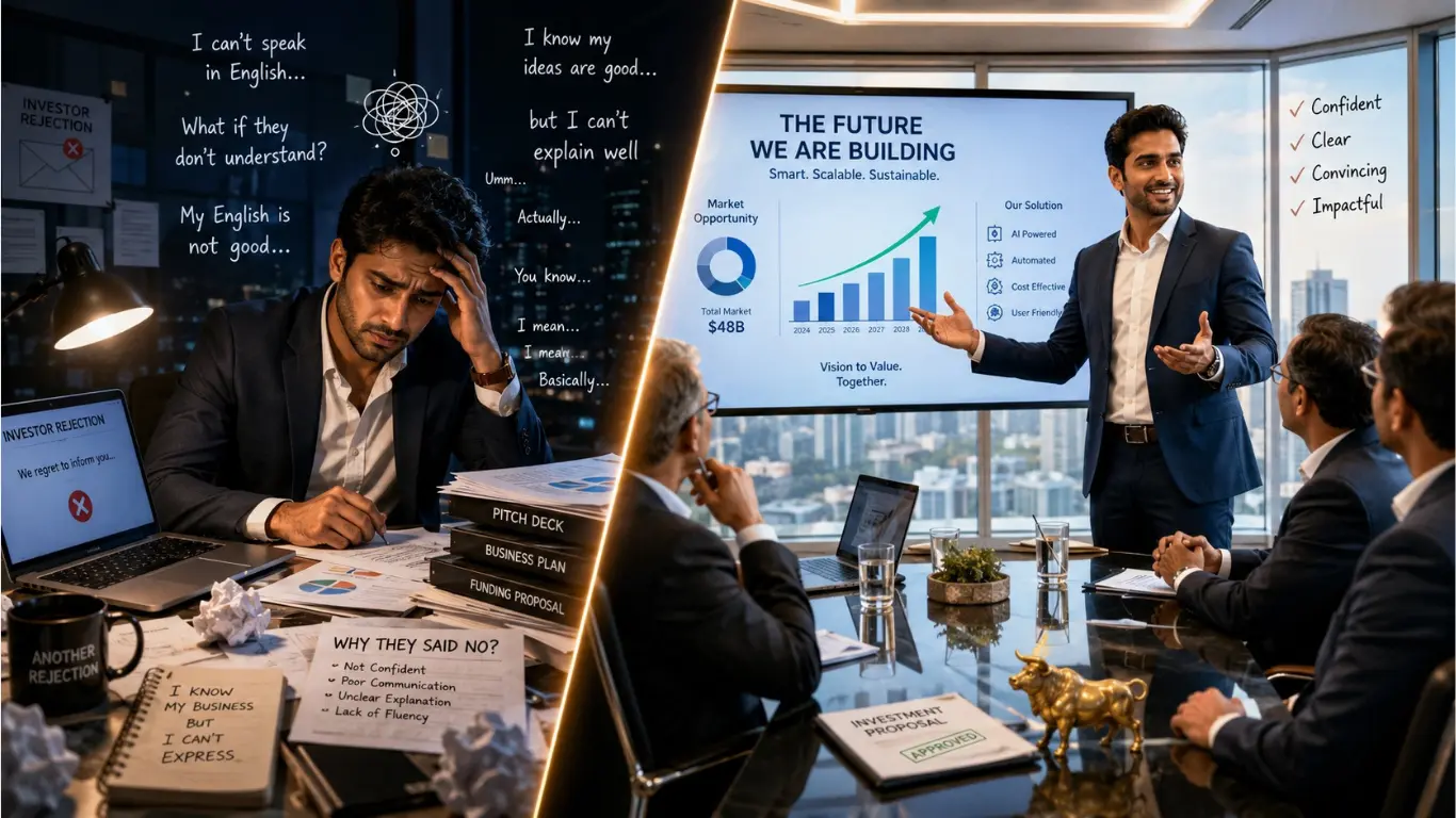 Indian entrepreneur struggling with communication confidence during a business meeting