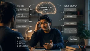 Indian student mentally translating Hindi to English while struggling to speak during conversation