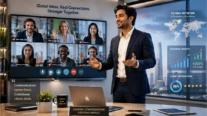 Indian entrepreneur confidently handling international client video meeting