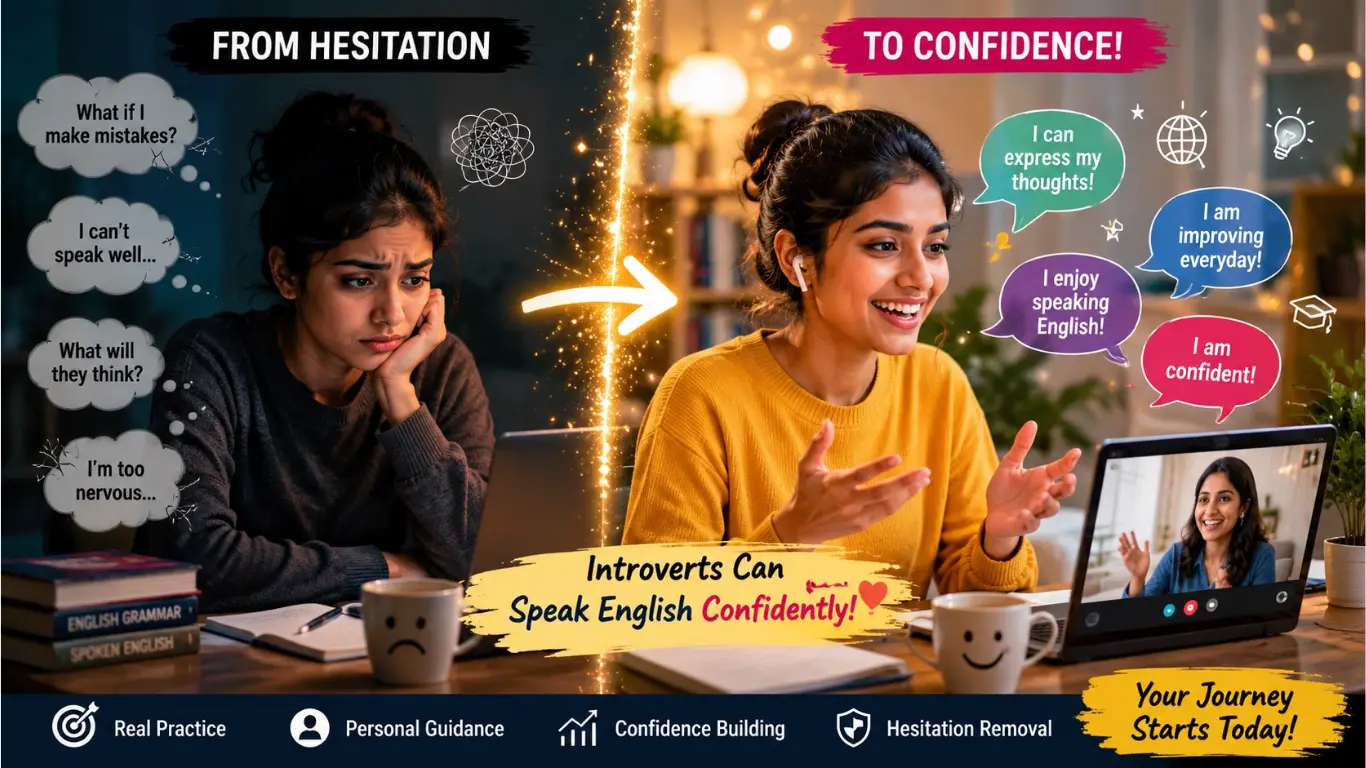 Introvert learner speaking English confidently during online communication practice
