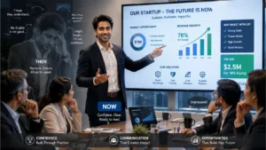 Startup founder confidently presenting investor pitch in English