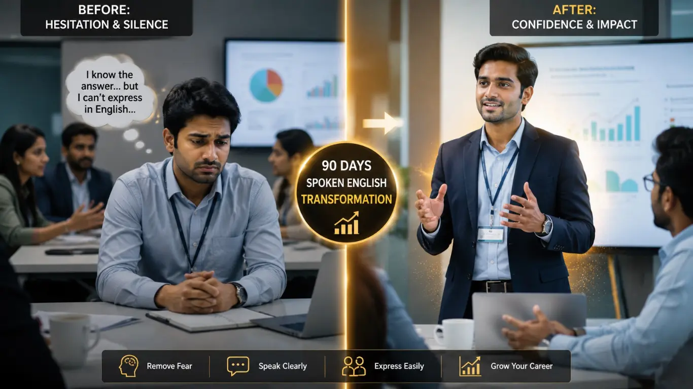 Young Indian professional transforming from hesitant English speaker to confident communicator during office presentation