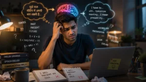 Indian learner struggling to translate thoughts into English while speaking