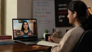 Indian student confidently practicing spoken English with personal mentor in live one-to-one online session
