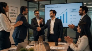 Entrepreneur achieving business growth and leadership success through English communication