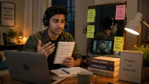 Indian learner practicing spoken English alone with growing confidence