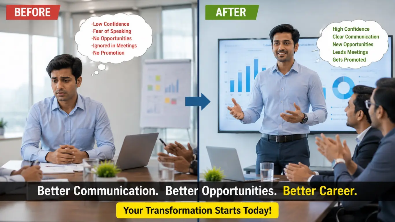 Employee gaining confidence and promotion success through English communication