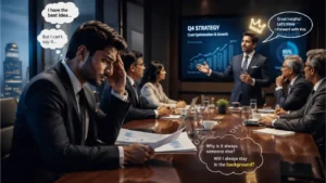 Indian professional struggling to speak in a board meeting while others take credit confidently