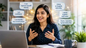 Young Indian woman thinking directly in English naturally