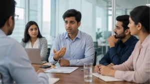 Professional employee feeling nervous while speaking English at work