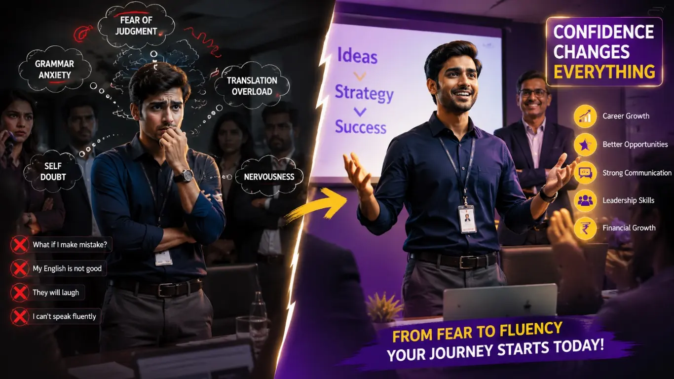 English bolne ka darr kaise hataye confidence transformation illustration